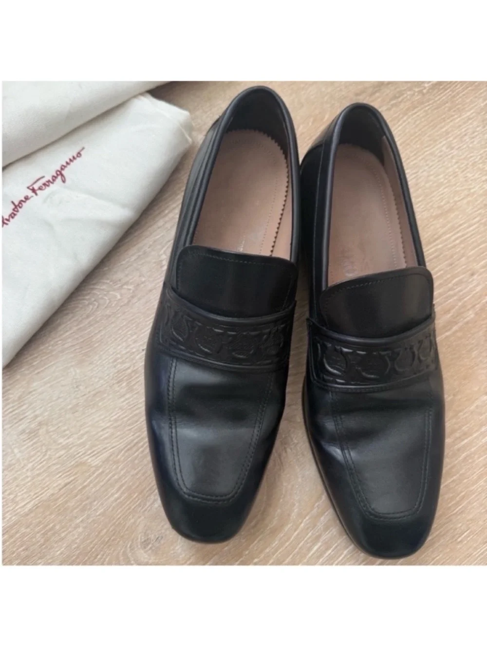 Salvatore Ferragamo Black Leather Embossed Penny Loafers